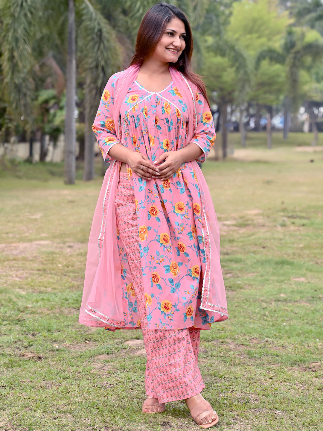 Pink Printed Cotton A-Line Kurta With Palazzos & Dupatta