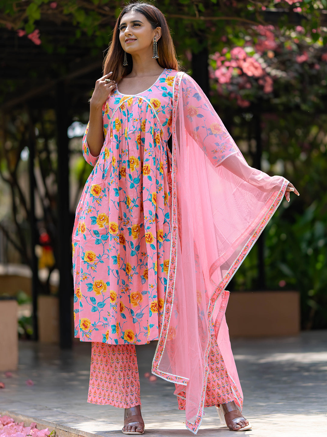 Pink Printed Cotton A-Line Kurta With Palazzos & Dupatta