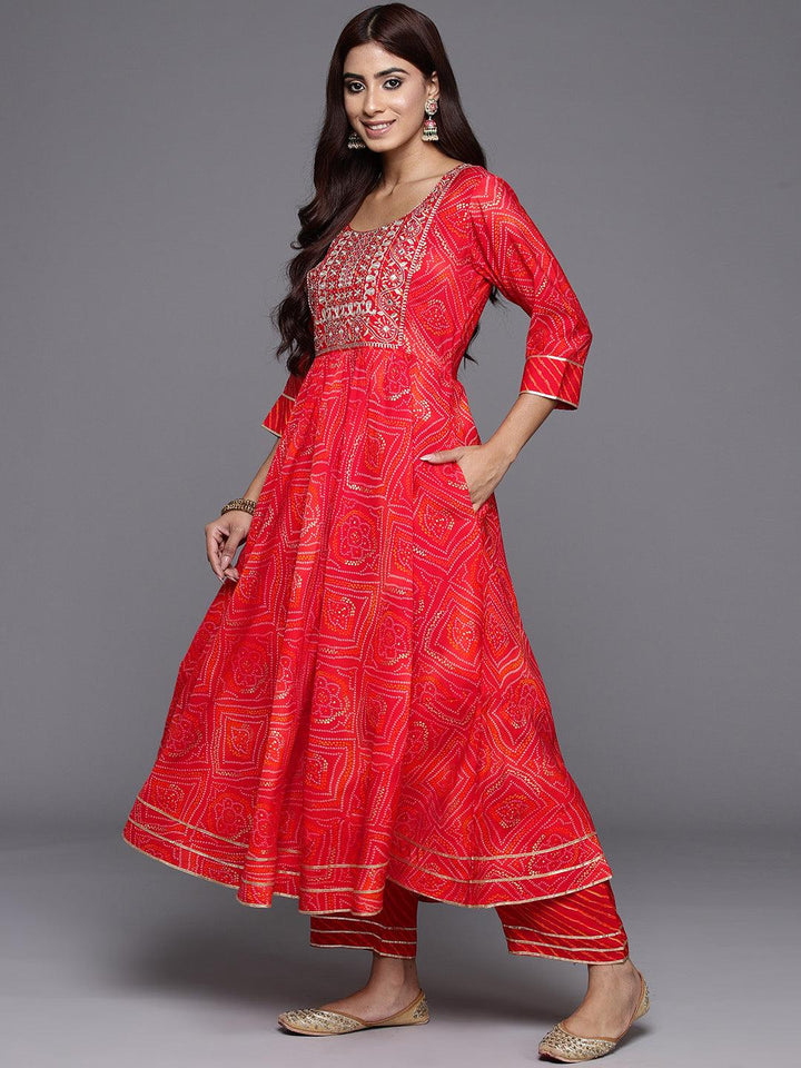 Orange Printed Silk Blend Anarkali Kurta With Trousers & Dupatta - ShopLibas