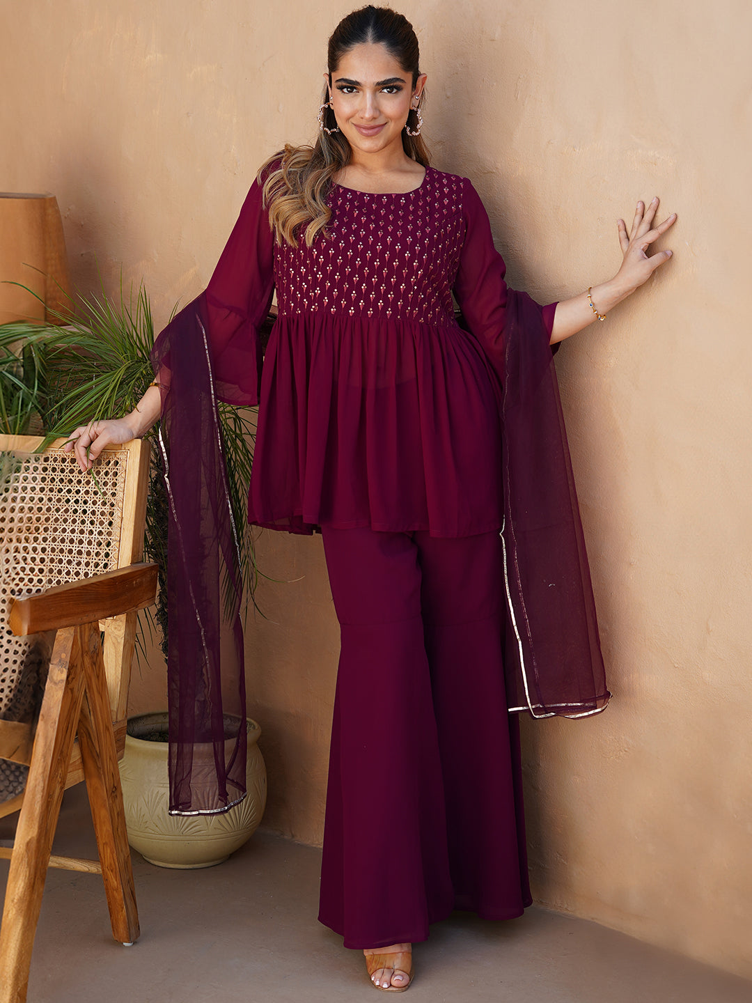 Wine Embroidered Georgette A-Line Kurti With Sharara & Dupatta