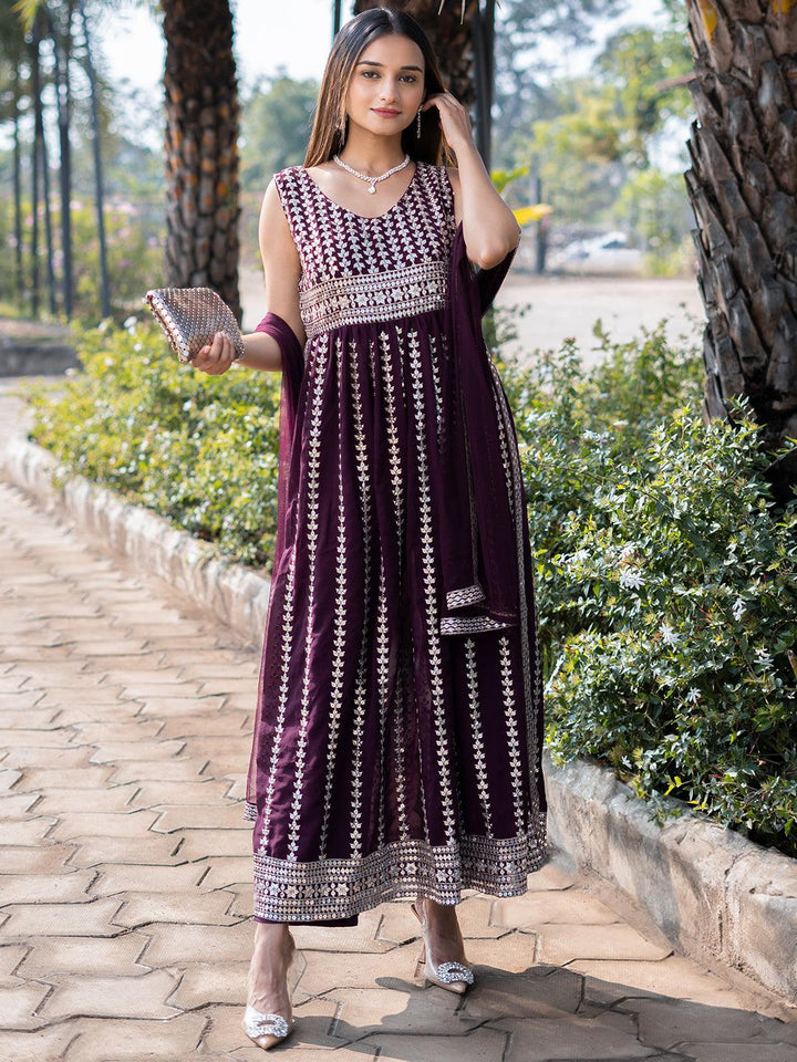 Wine Embroidered Georgette A-Line Kurta With Trousers & Dupatta - ShopLibas