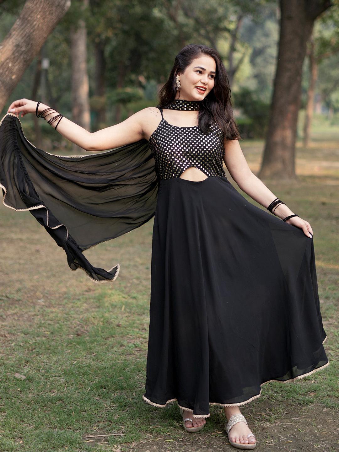 Black Embroidered Georgette A-Line Kurta With Trousers & Dupatta - ShopLibas