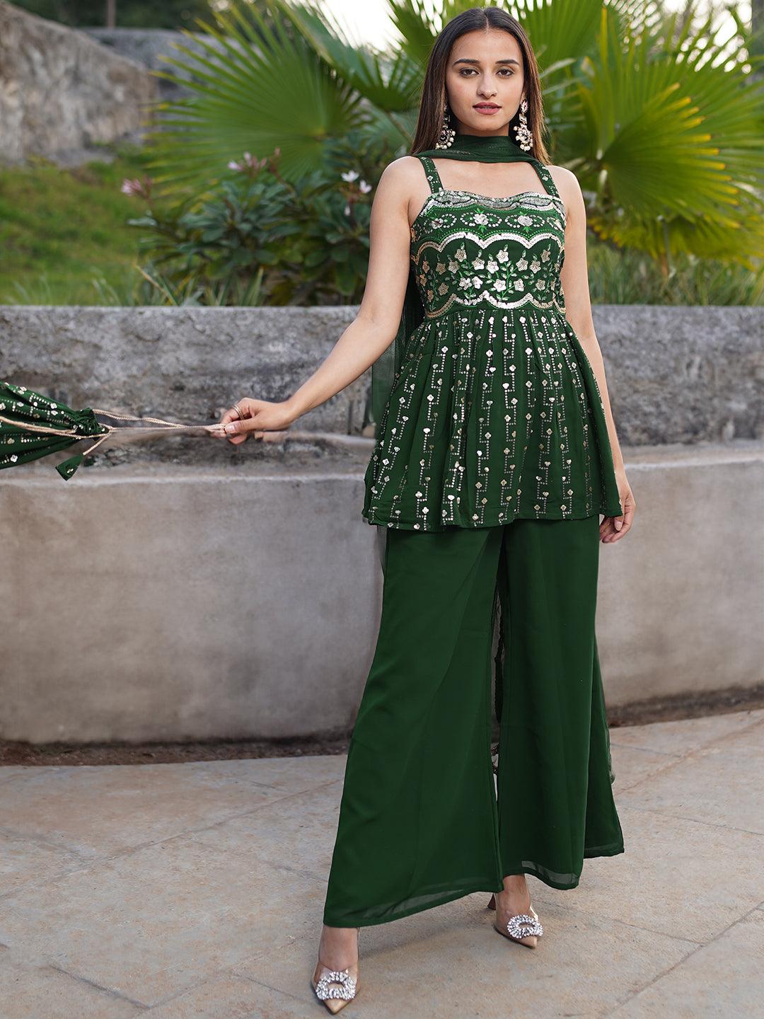 Green Embroidered Georgette A-Line Kurti With Palazzos & Dupatta - ShopLibas