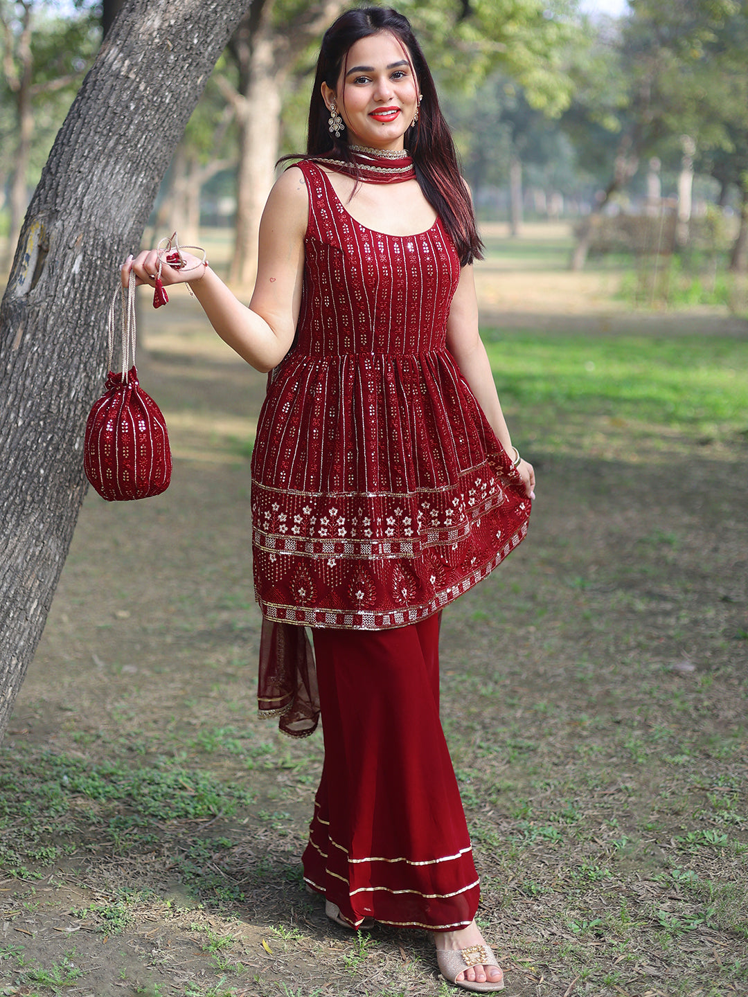 Maroon Embroidered Georgette A-Line Kurti With Sharara & Dupatta