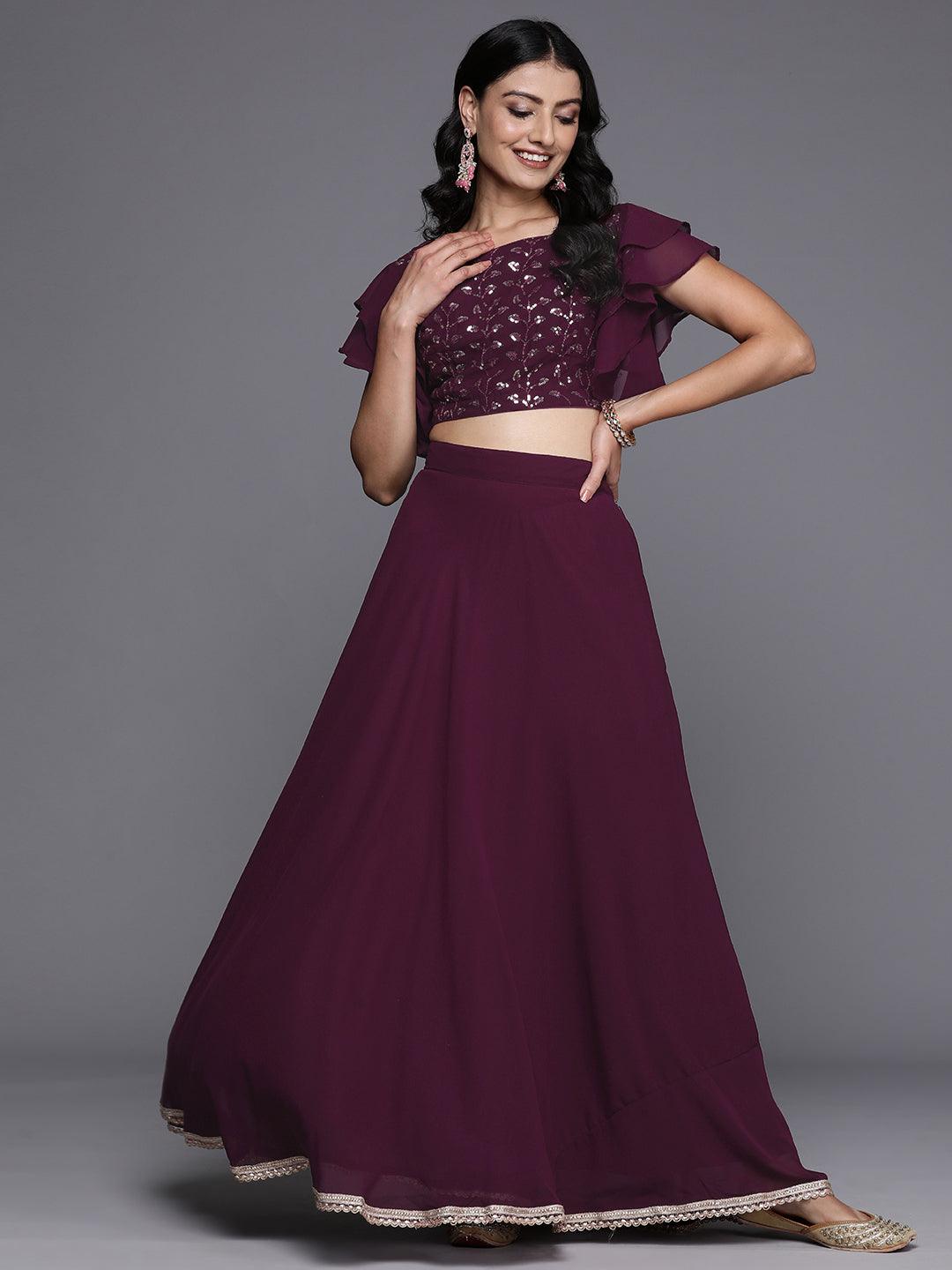 Wine Embroidered Georgette Lehenga Set - ShopLibas