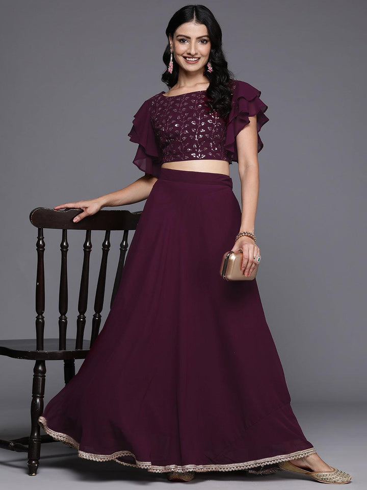 Wine Embroidered Georgette Lehenga Set - ShopLibas