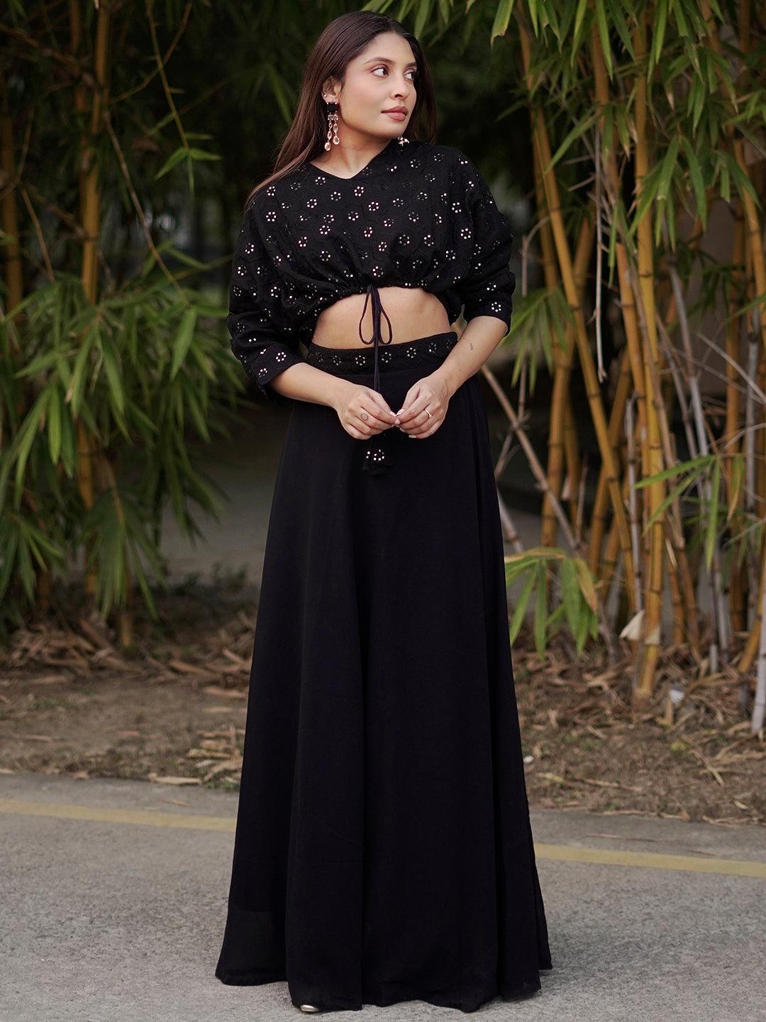 Black Embroidered Georgette Lehenga - ShopLibas