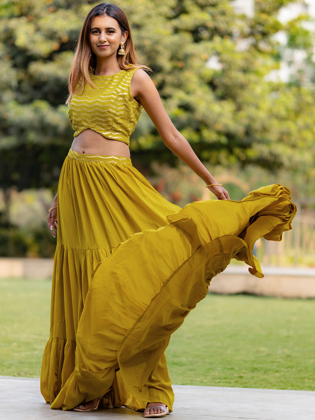 Mustard Embroidered Georgette Lehenga Set