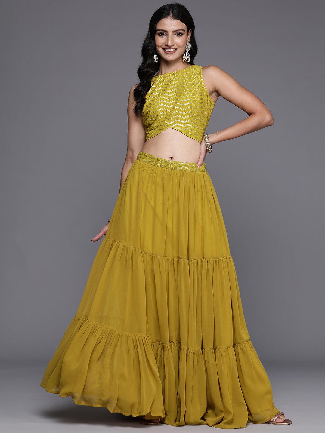 Mustard Embroidered Georgette Lehenga Set