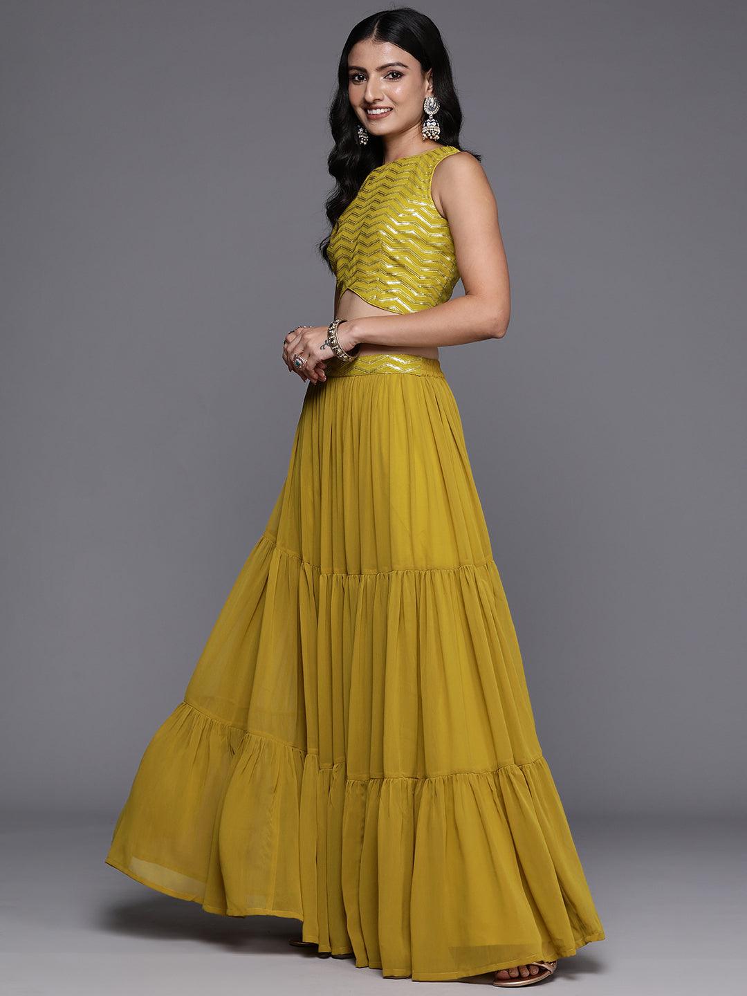 Mustard Embroidered Georgette Lehenga Set