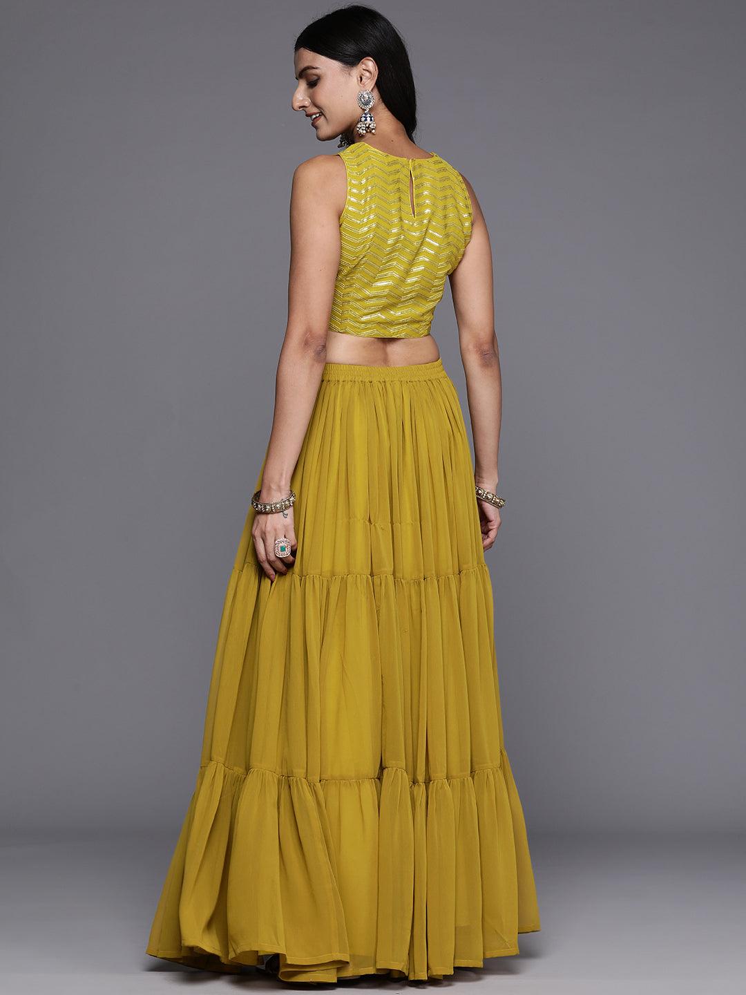 Mustard Embroidered Georgette Lehenga Set