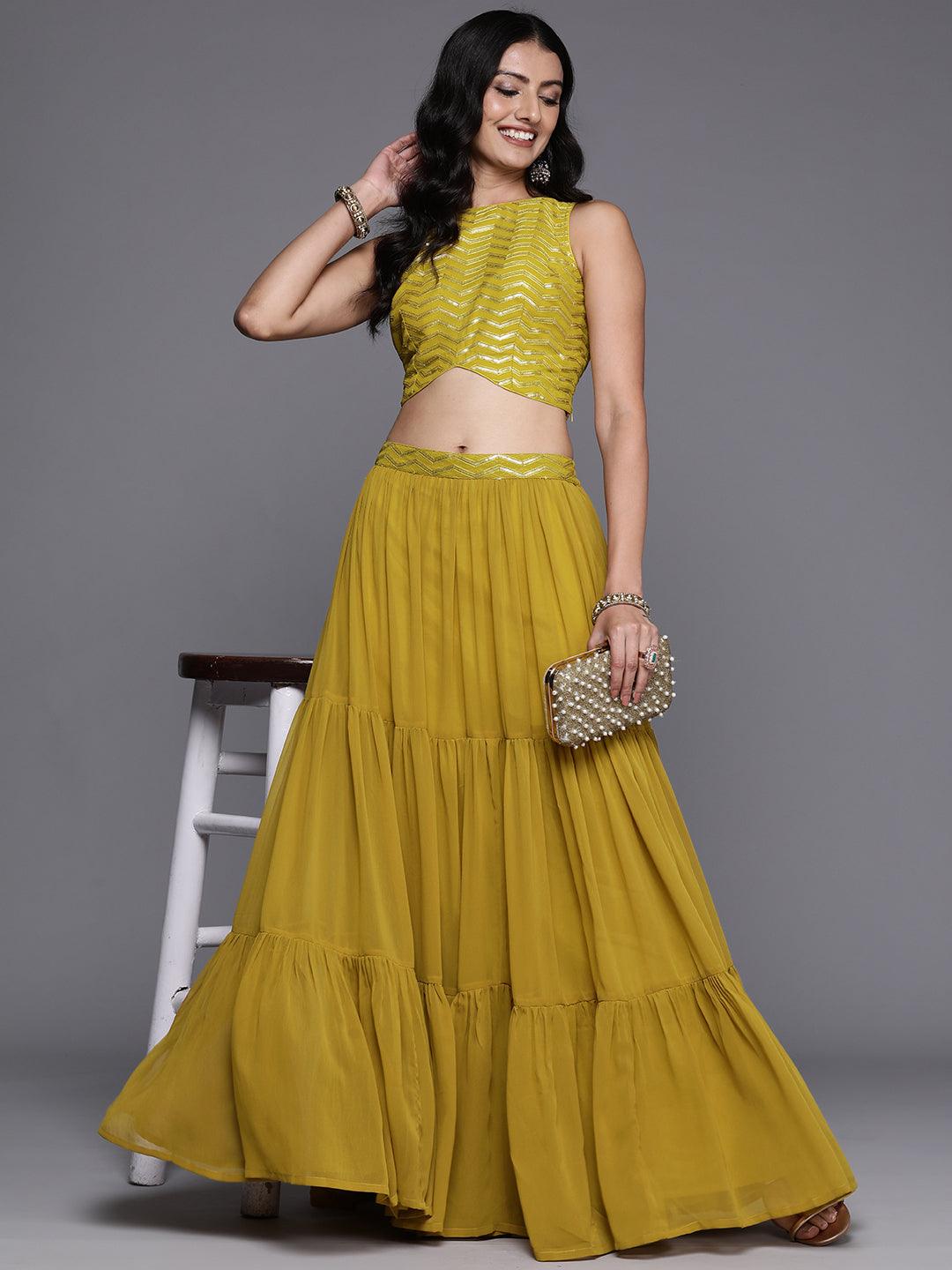 Mustard Embroidered Georgette Lehenga Set