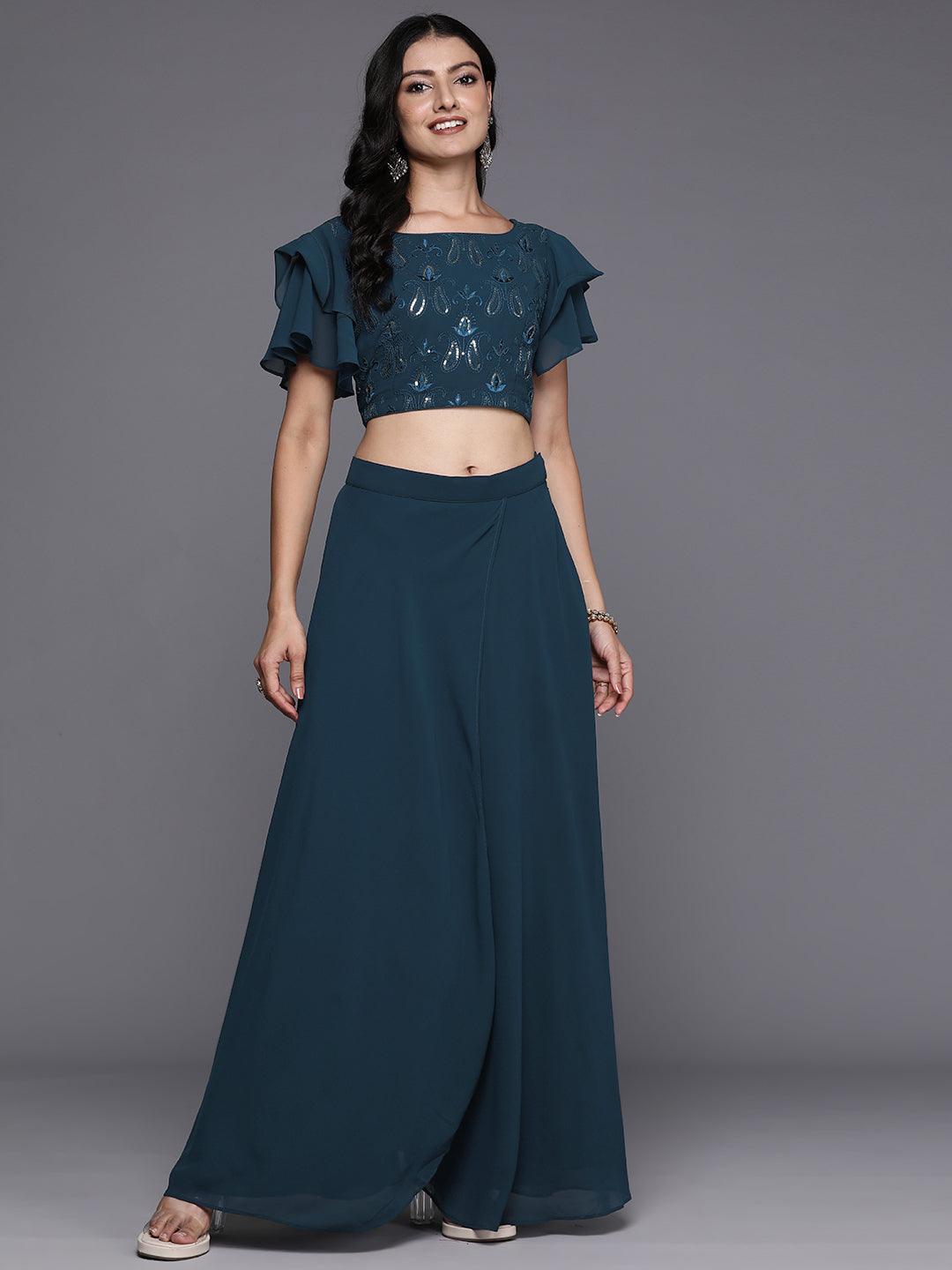 Blue Embroidered Georgette Lehenga Set