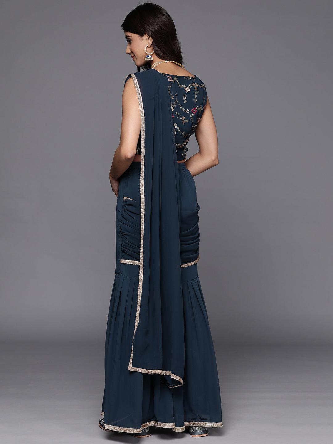 Blue Embellished Georgette Stitched Saree - ShopLibas