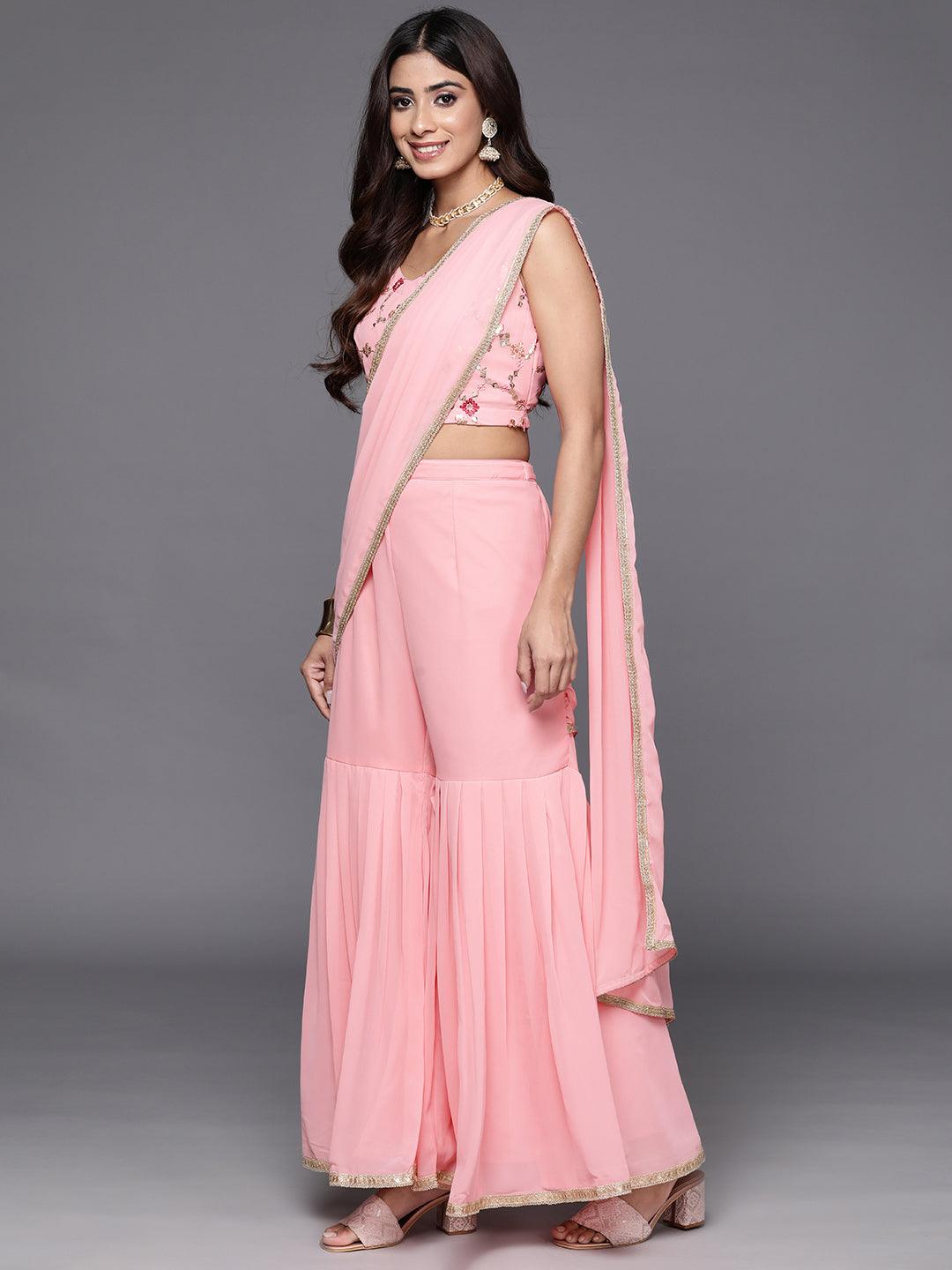 Pink Embellished Georgette Stitched Saree - ShopLibas