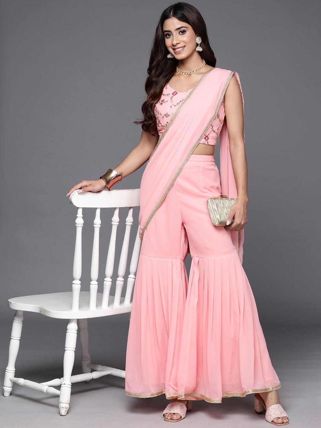 Pink Embellished Georgette Stitched Saree