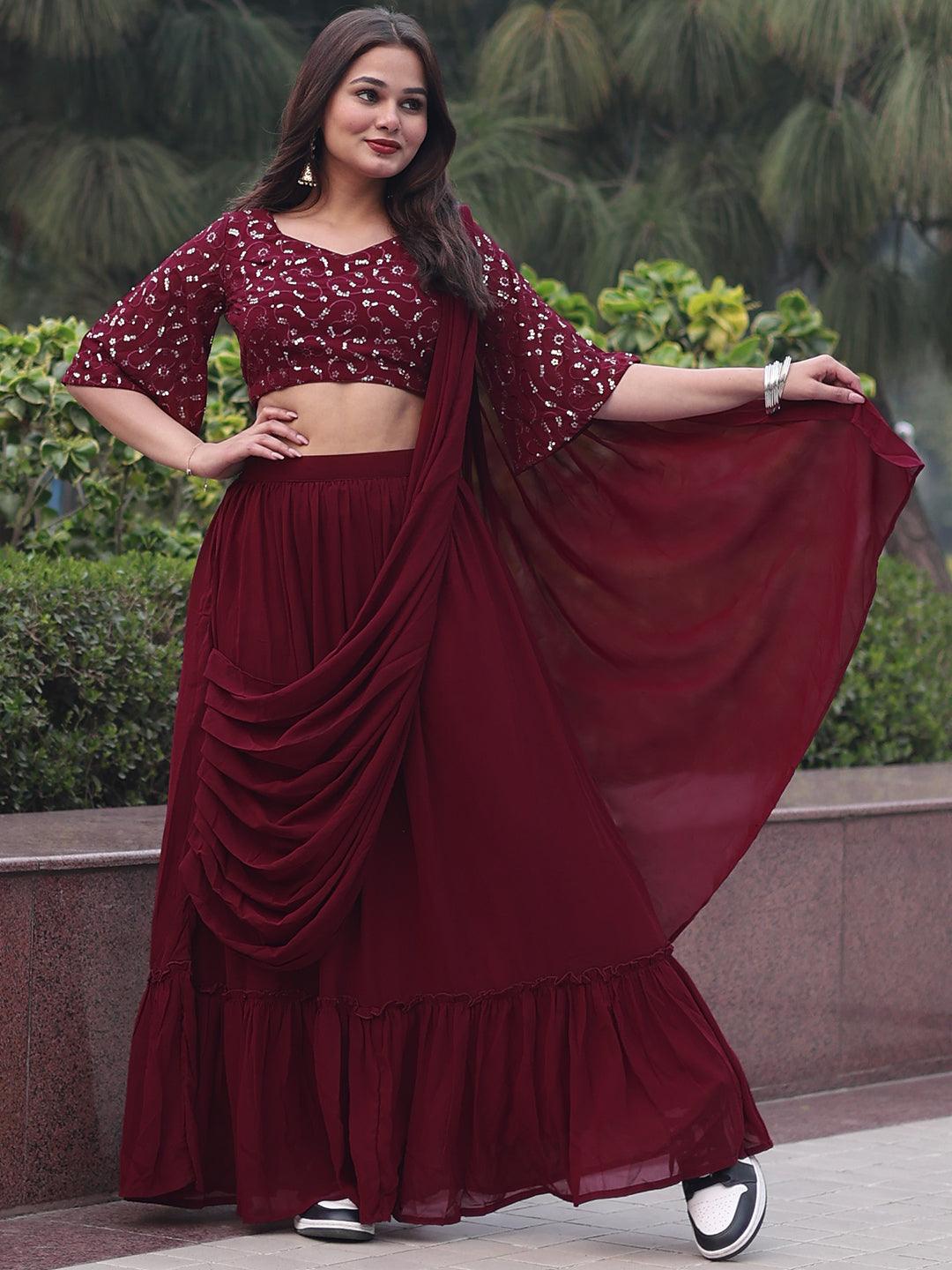 Maroon Embroidered Georgette Saree - ShopLibas