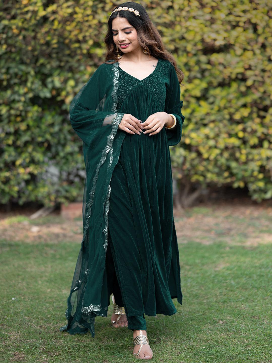 Green Embroidered Velvet A-Line Kurta With Trousers & Dupatta