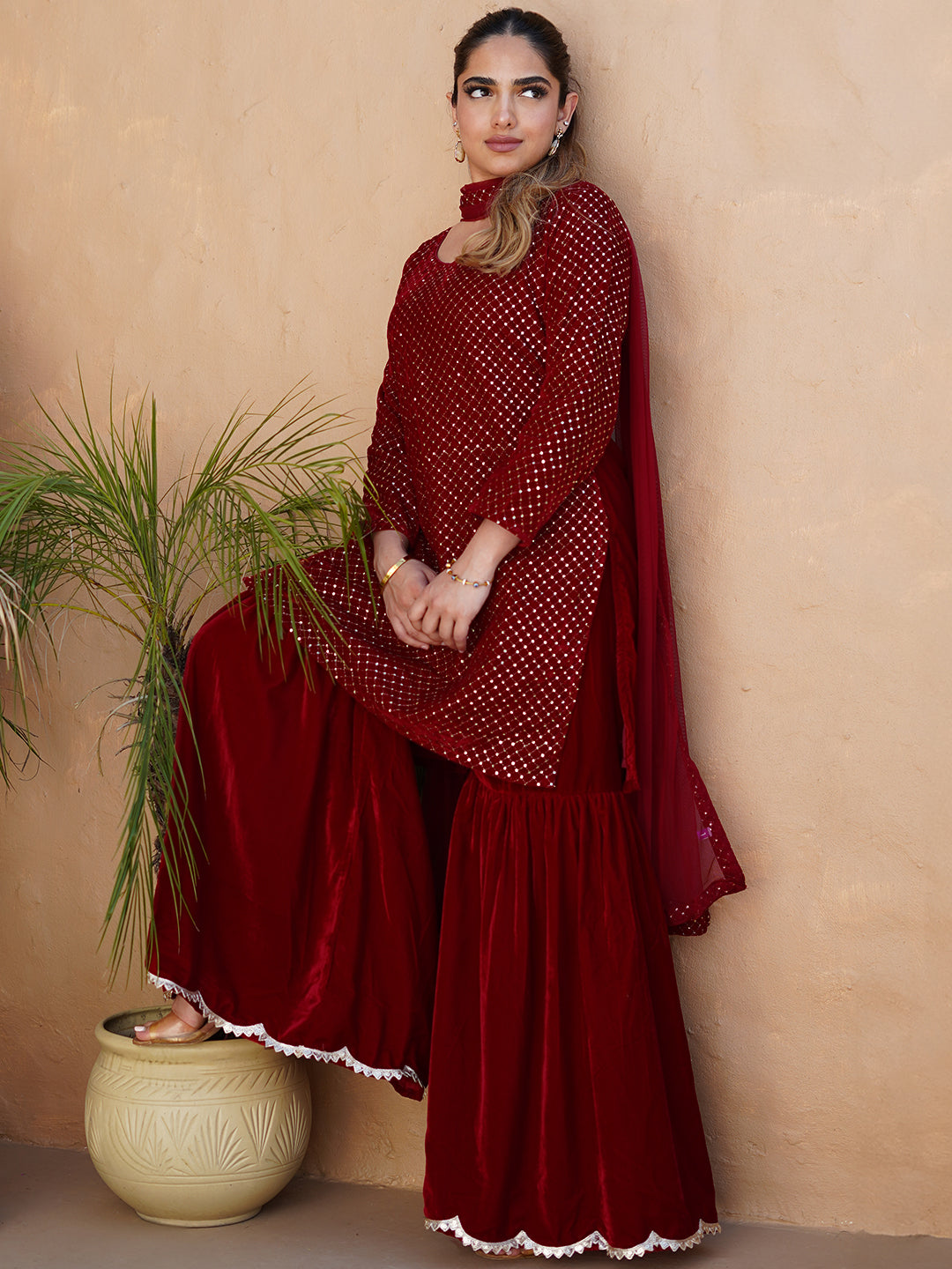 Maroon Embroidered Velvet Straight Suit With Dupatta