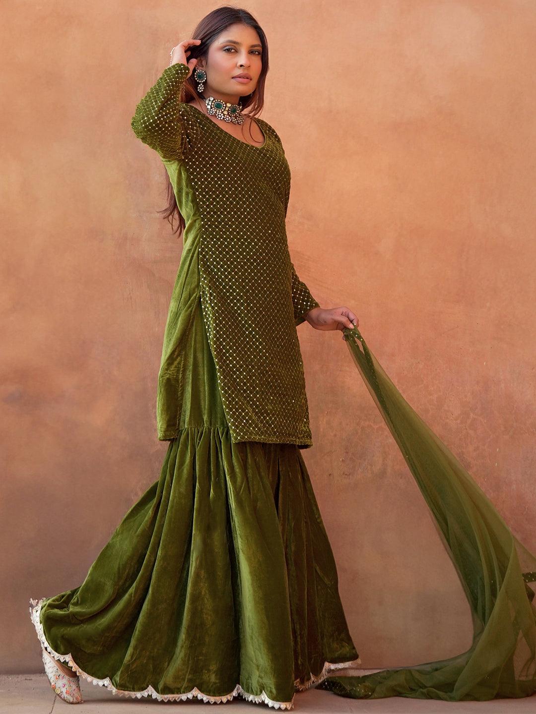 Green Embroidered Velvet Straight Suit With Dupatta