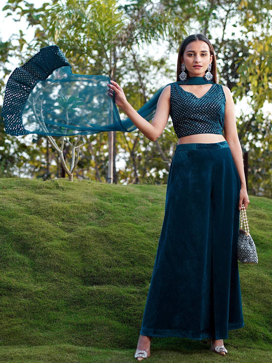 Blue Embellished Velvet Top With Palazzos & Dupatta - ShopLibas