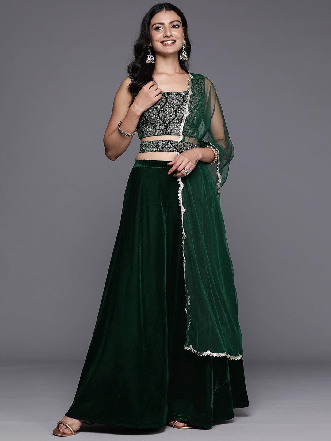 Green Embroidered Velvet Lehenga Set - ShopLibas