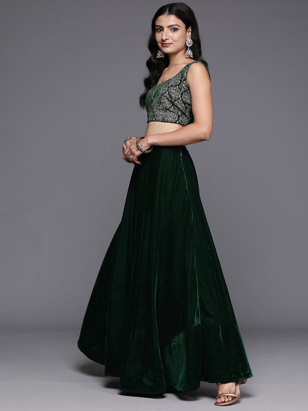 Green Embroidered Velvet Lehenga Set