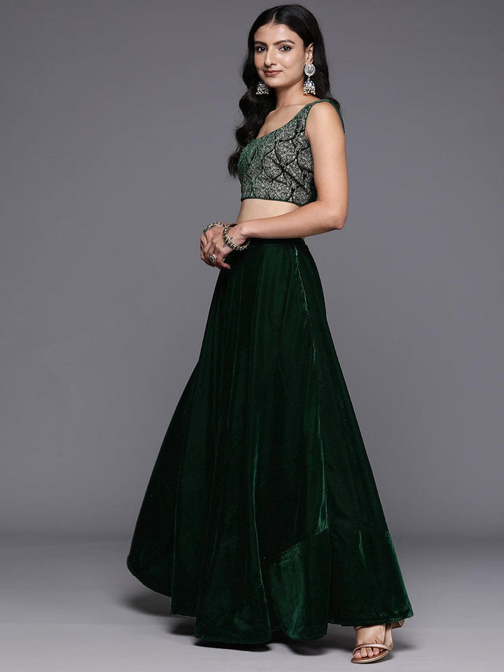 Green Embroidered Velvet Lehenga Set - ShopLibas