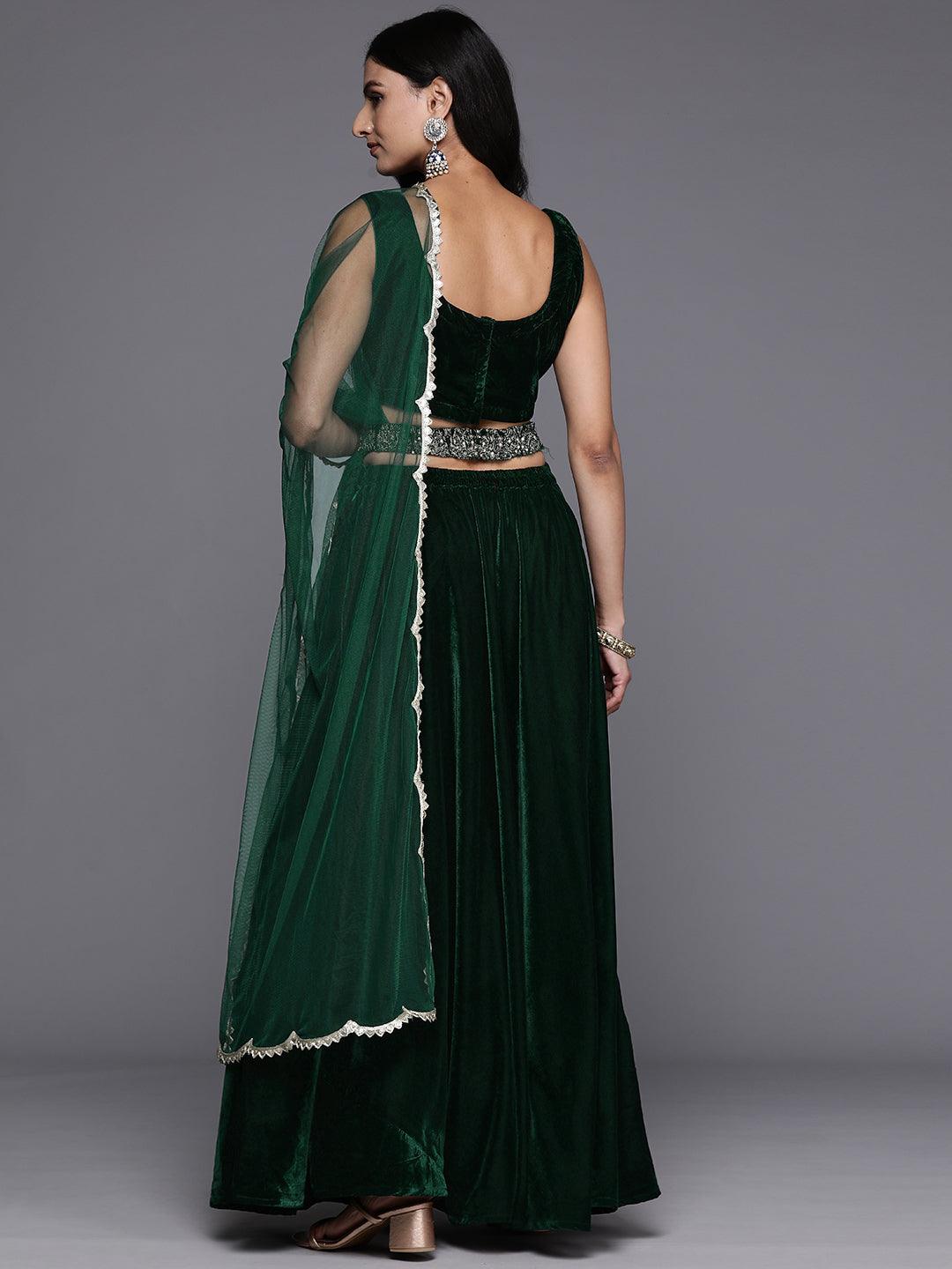 Green Embroidered Velvet Lehenga Set