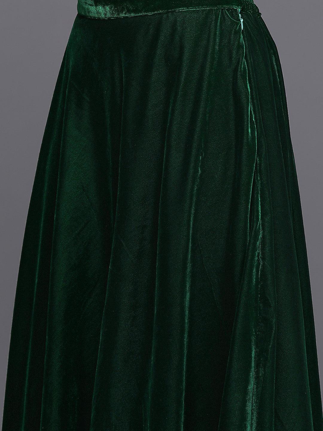 Green Embroidered Velvet Lehenga Set