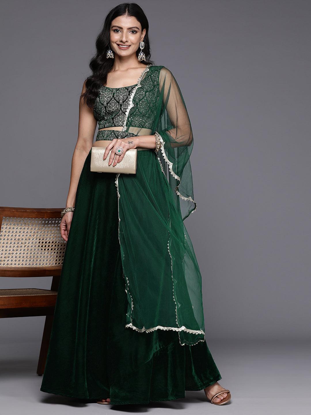 Green Embroidered Velvet Lehenga Set