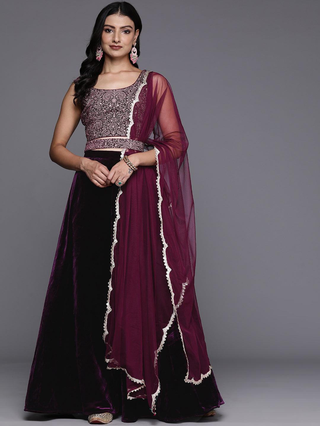 Wine Embroidered Velvet Lehenga Set