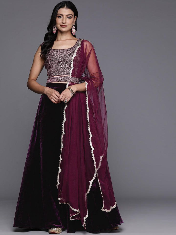 Wine Embroidered Velvet Lehenga Set - ShopLibas