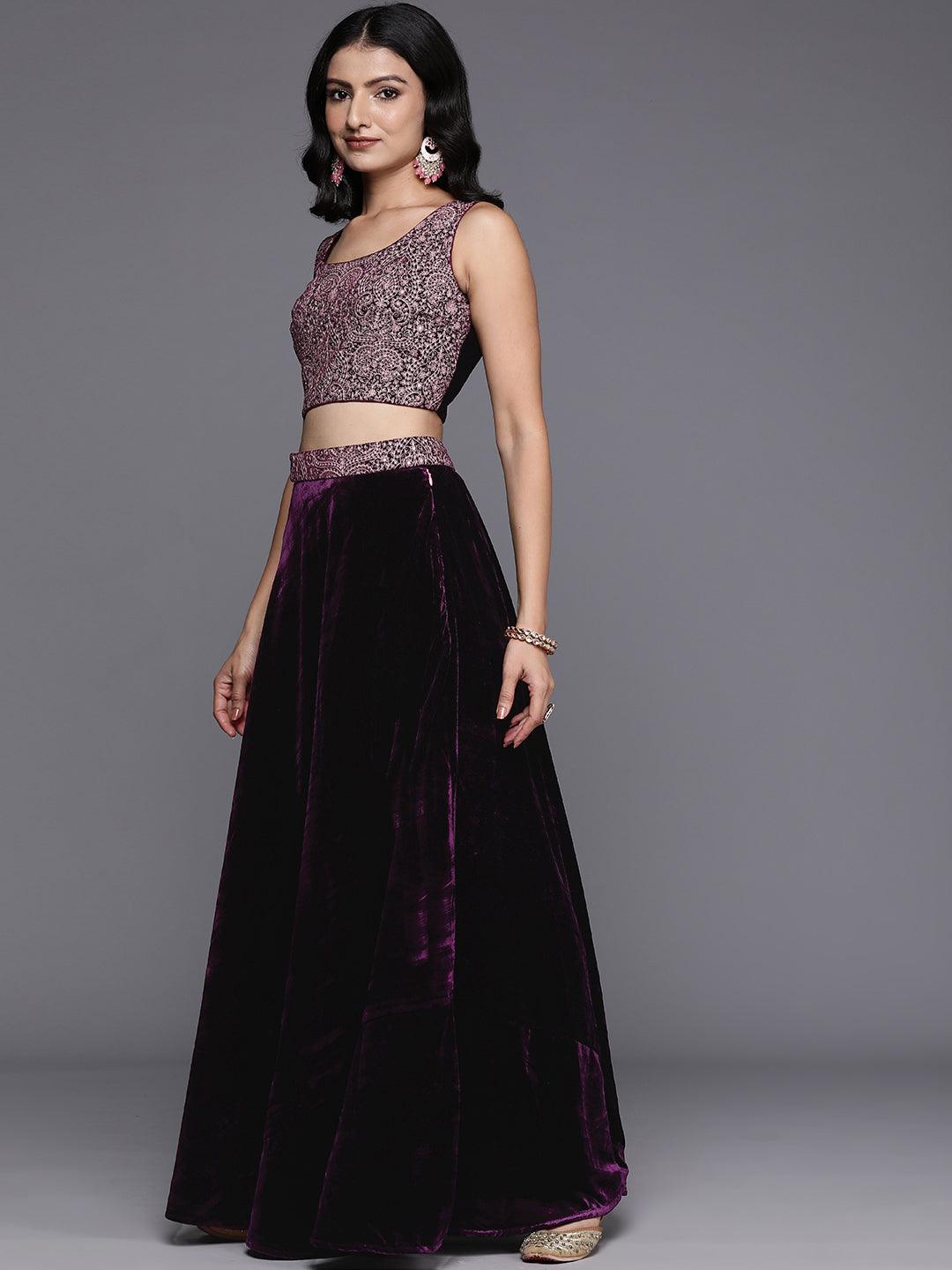 Wine Embroidered Velvet Lehenga Set