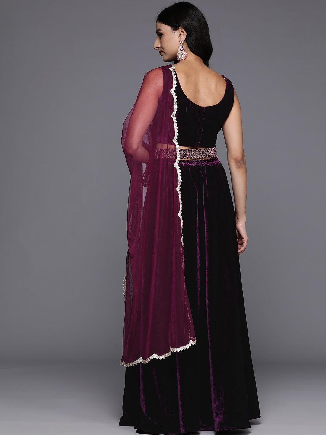 Wine Embroidered Velvet Lehenga Set