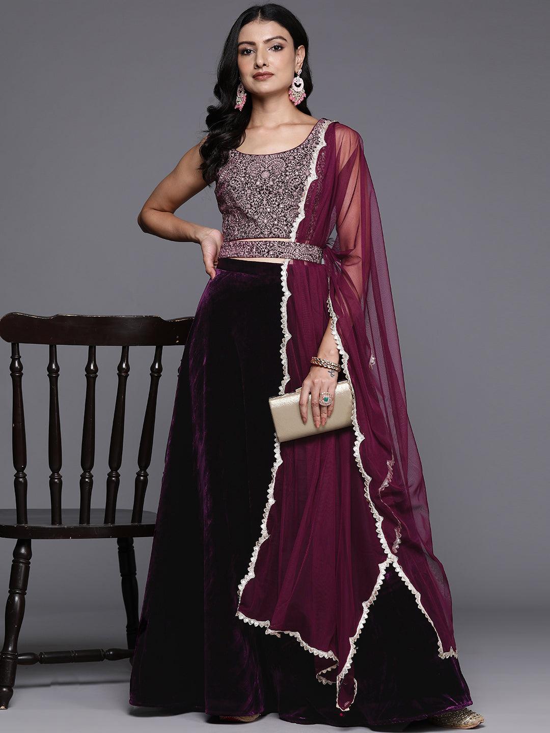 Wine Embroidered Velvet Lehenga Set