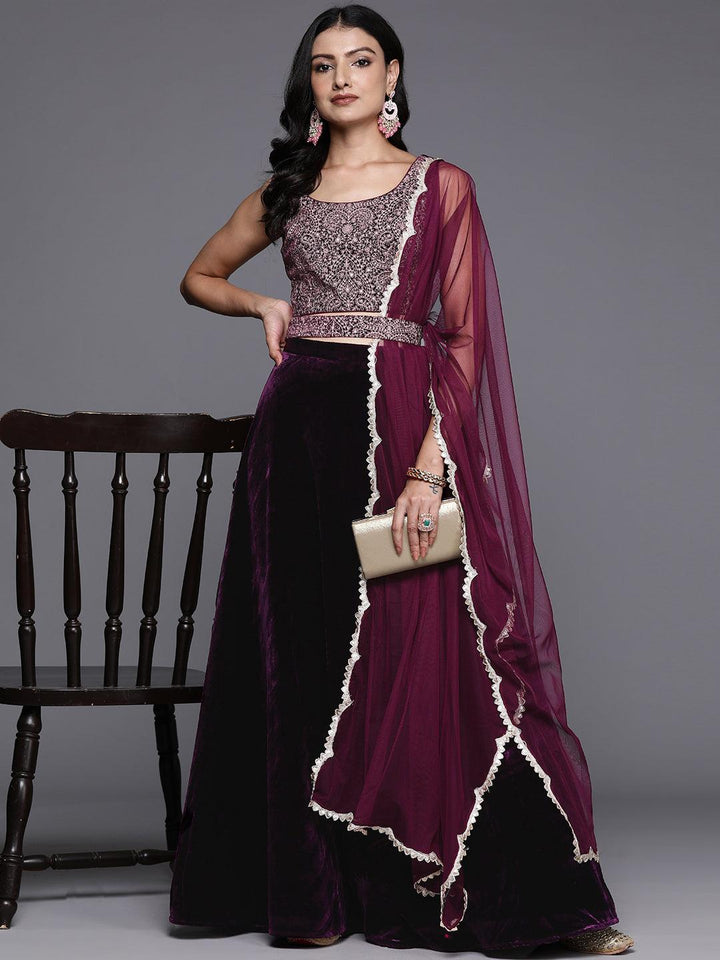 Wine Embroidered Velvet Lehenga Set - ShopLibas