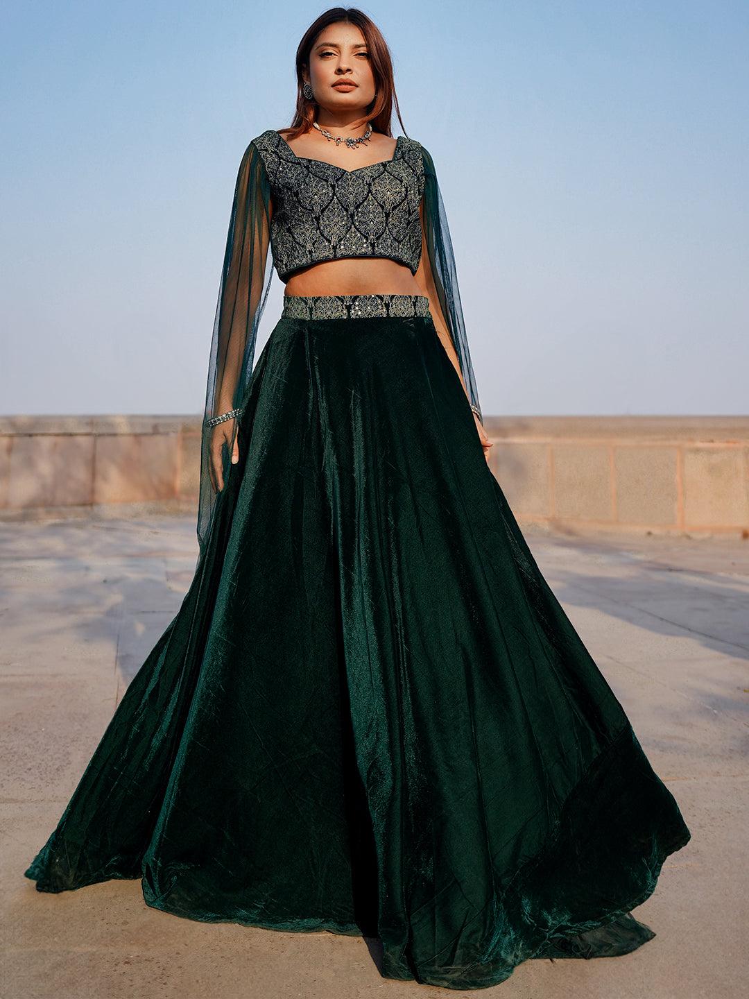 Green Embroidered Velvet Lehenga Set