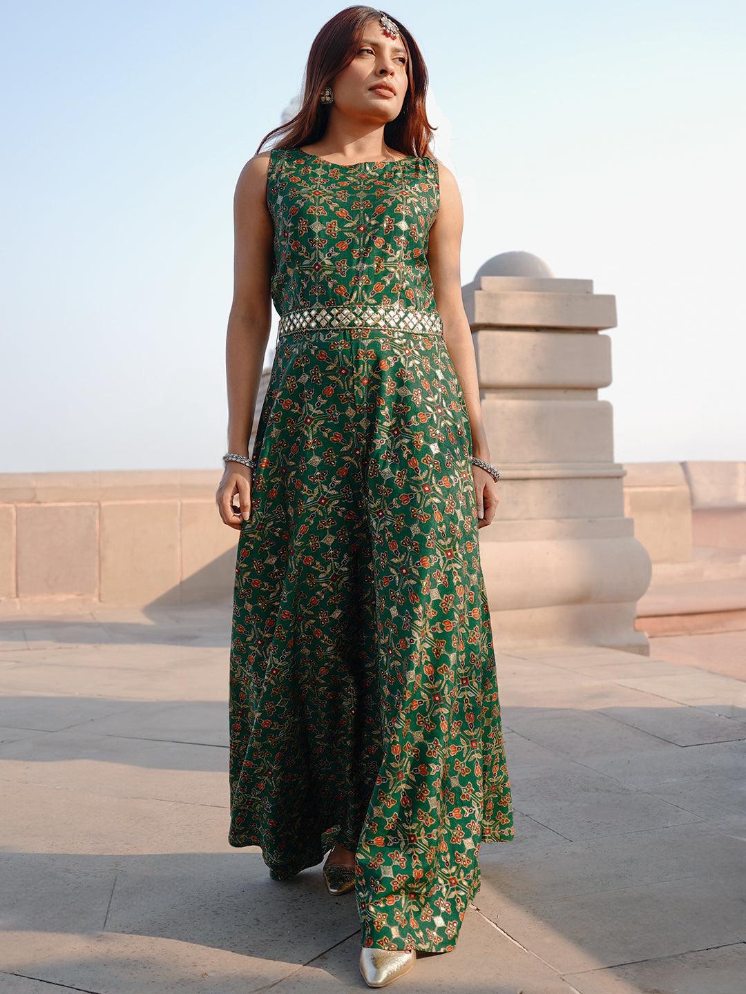 Green Printed Silk Blend Jumpsuit With belt