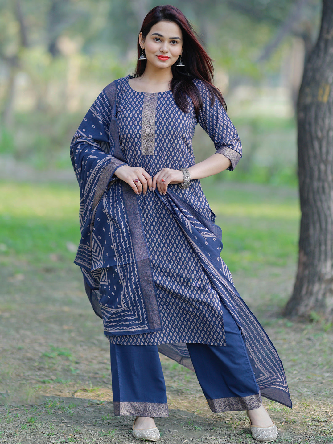 Blue Printed Cotton Straight Suit With Dupatta