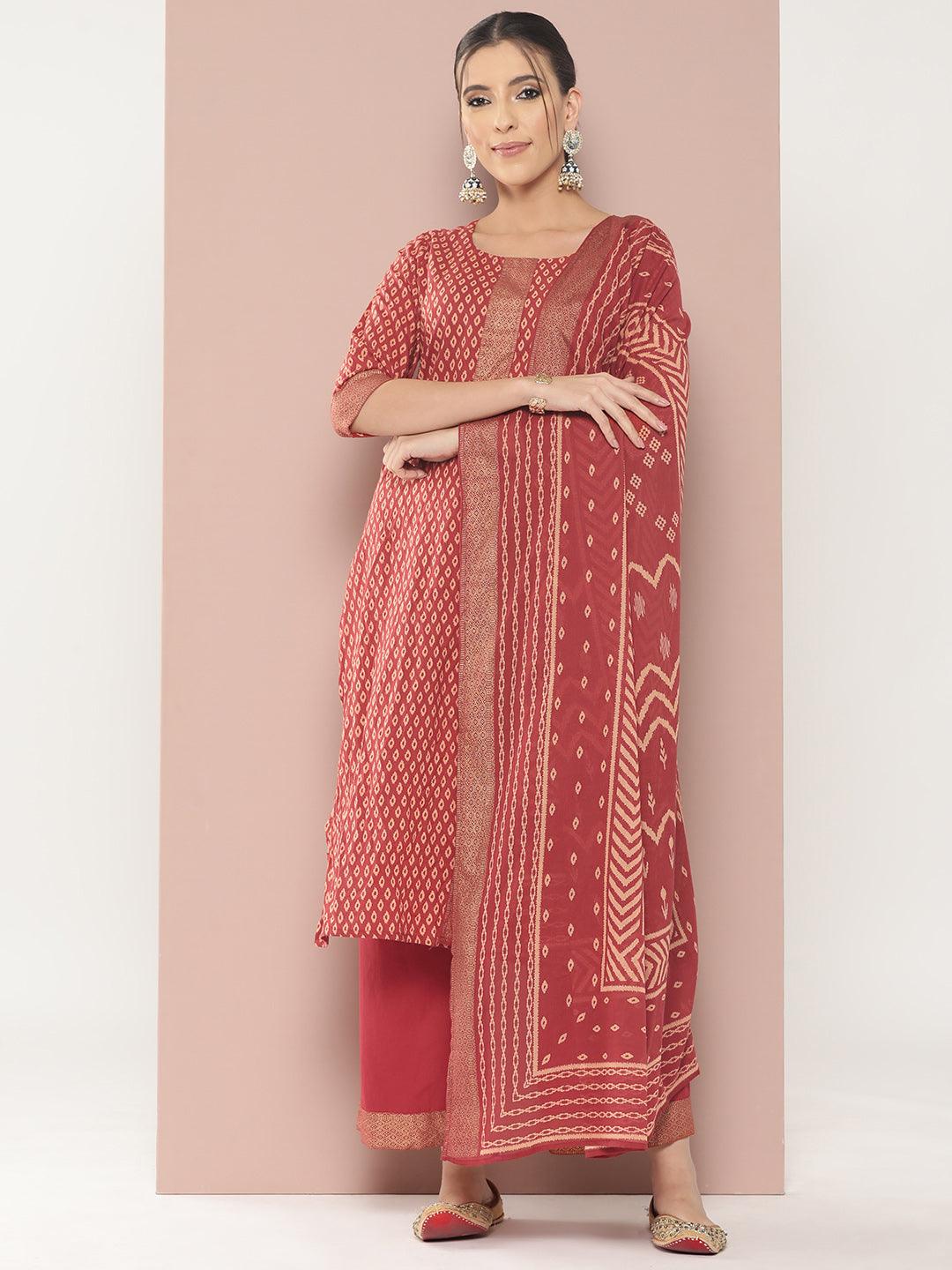 Maroon Printed Cotton Straight Kurta With Palazzos & Dupatta - ShopLibas