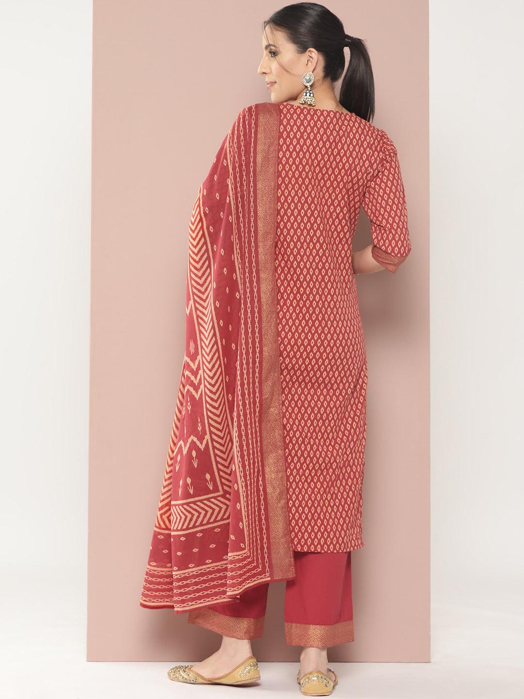 Maroon Printed Cotton Straight Kurta With Palazzos & Dupatta - ShopLibas