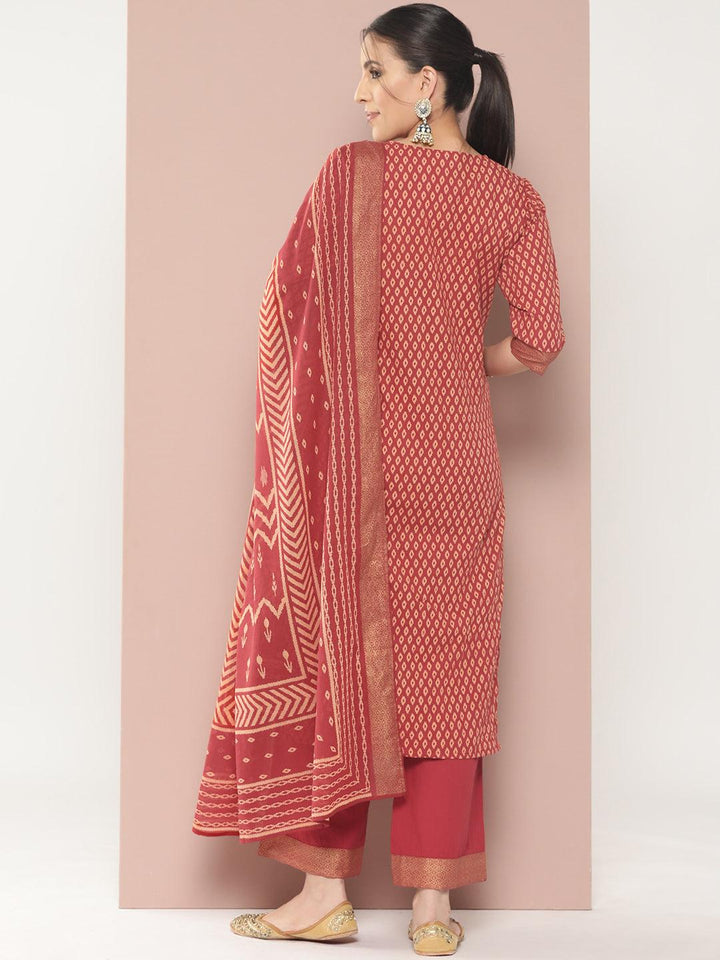 Maroon Printed Cotton Straight Kurta With Palazzos & Dupatta - ShopLibas