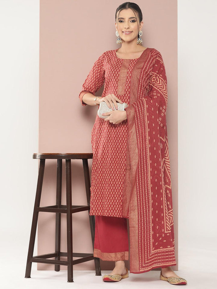 Maroon Printed Cotton Straight Kurta With Palazzos & Dupatta - ShopLibas