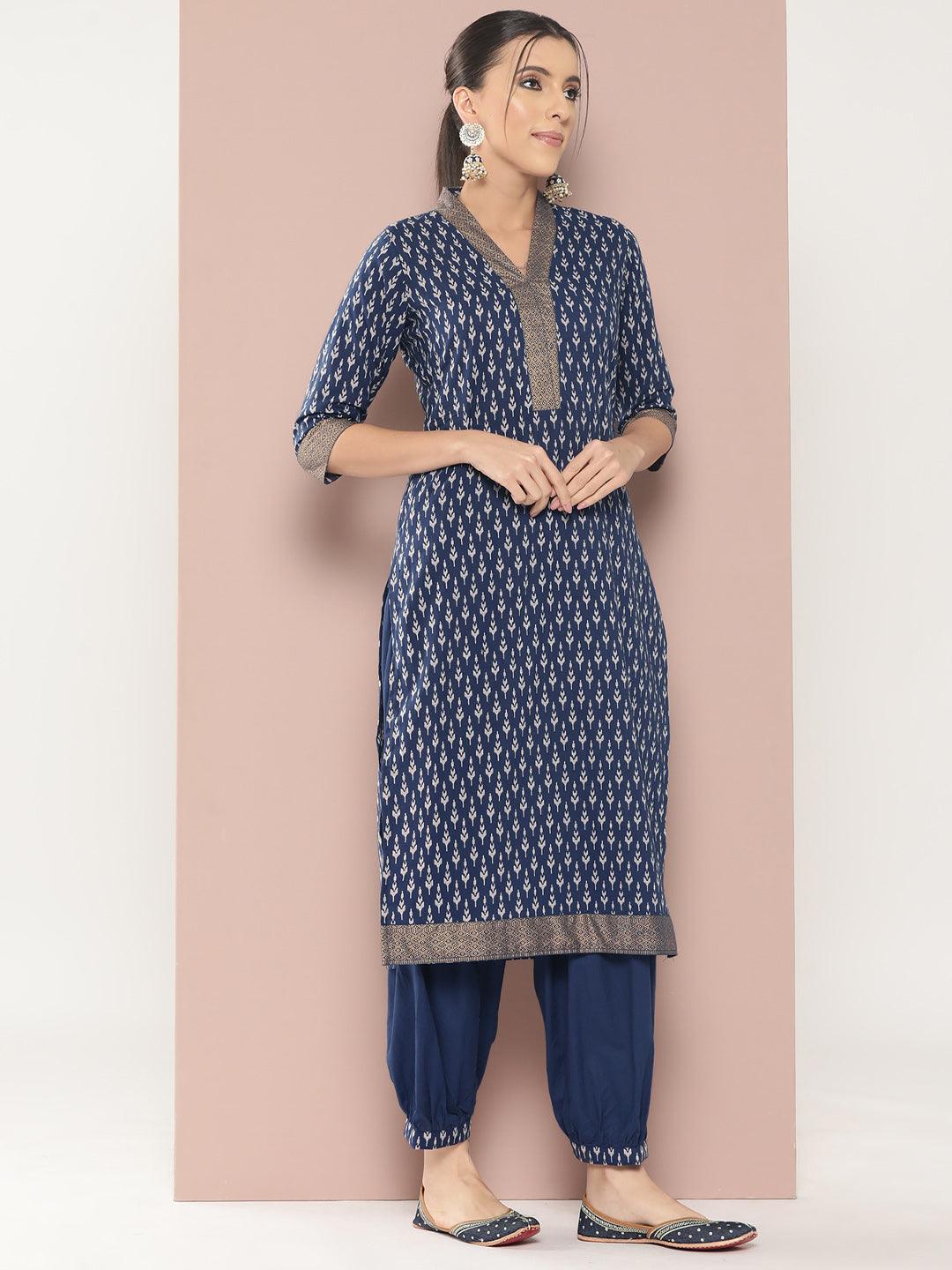 Blue Printed Cotton Straight Kurta With Salwar & Dupatta - ShopLibas