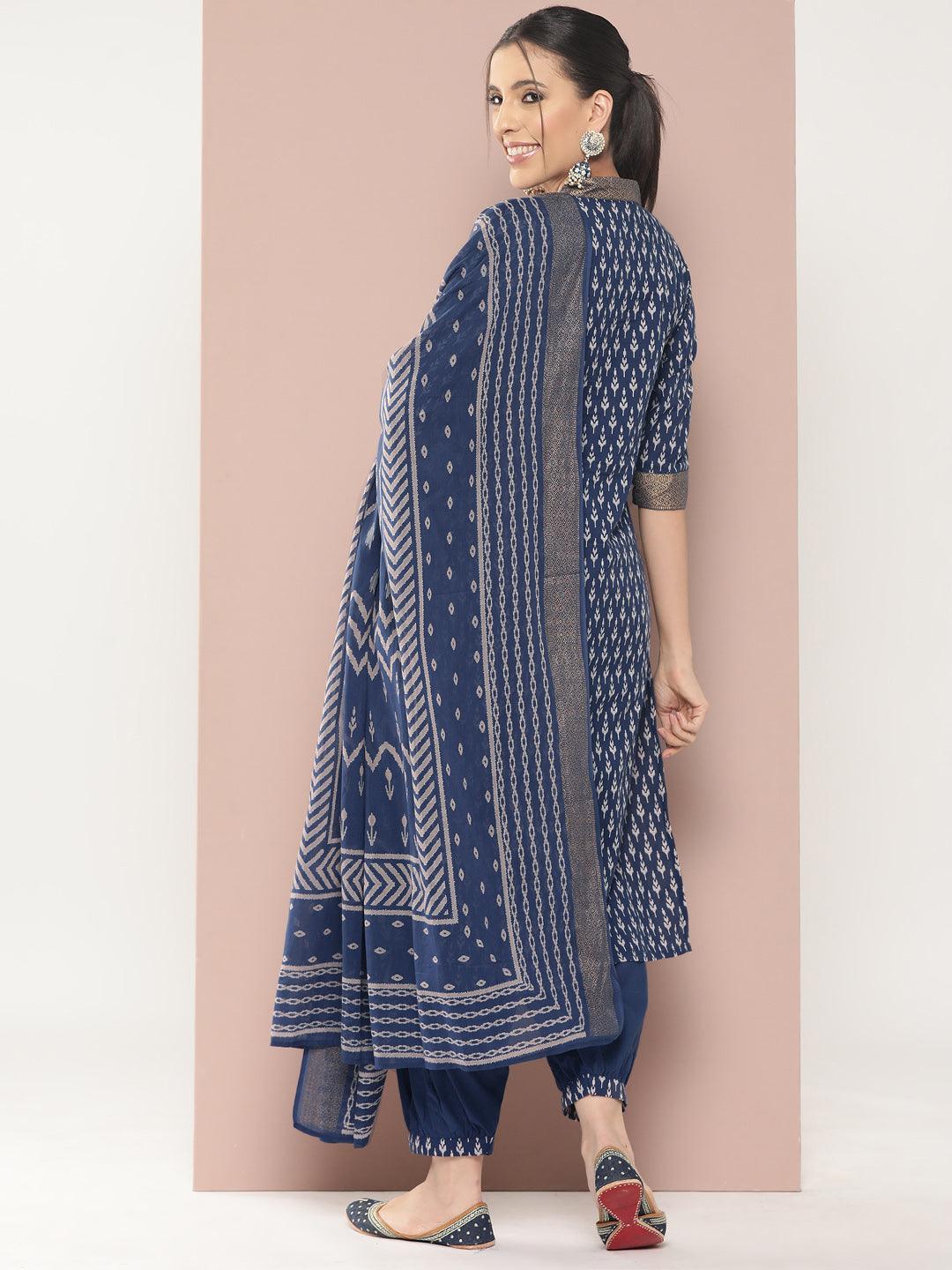 Blue Printed Cotton Straight Kurta With Salwar & Dupatta - ShopLibas