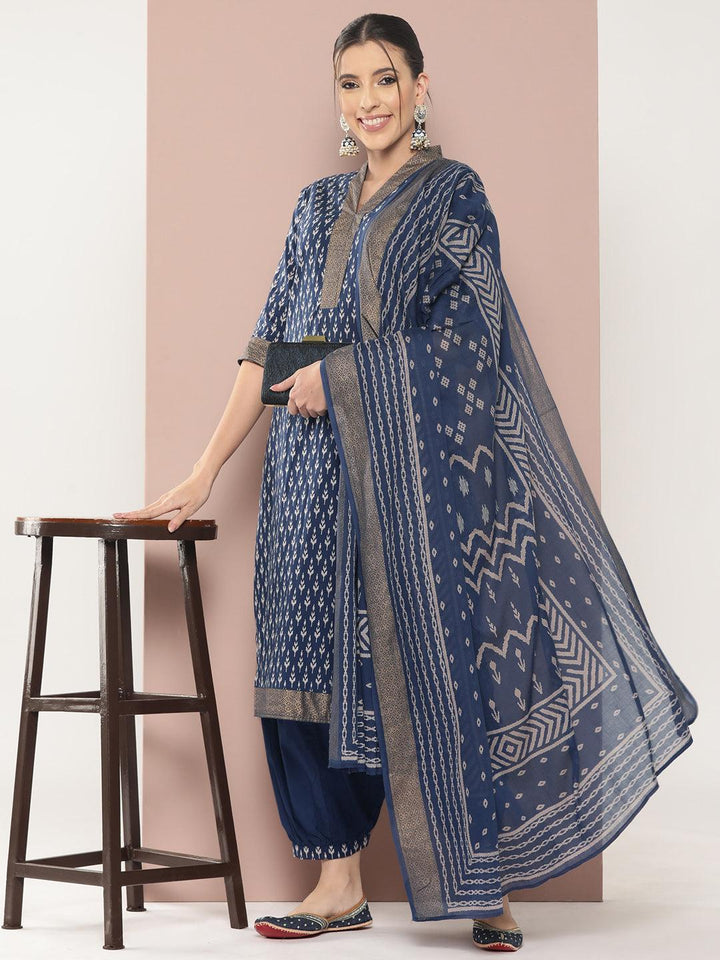 Blue Printed Cotton Straight Kurta With Salwar & Dupatta - ShopLibas