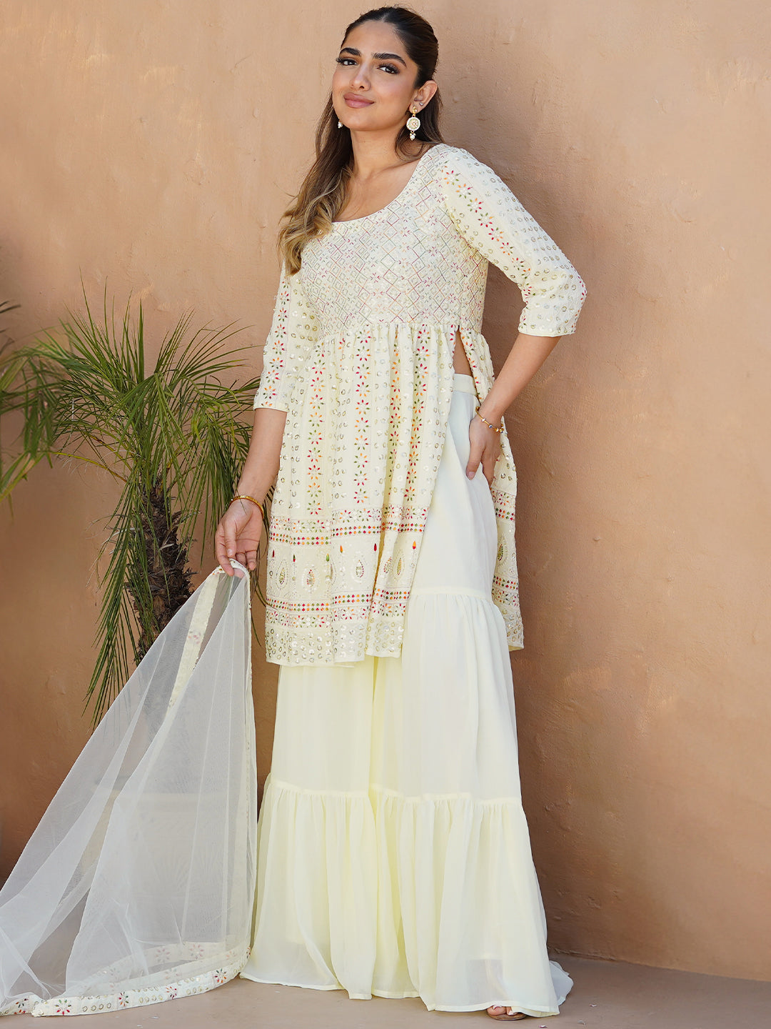 Lemon Embroidered Georgette A-Line Kurti With Sharara & Dupatta