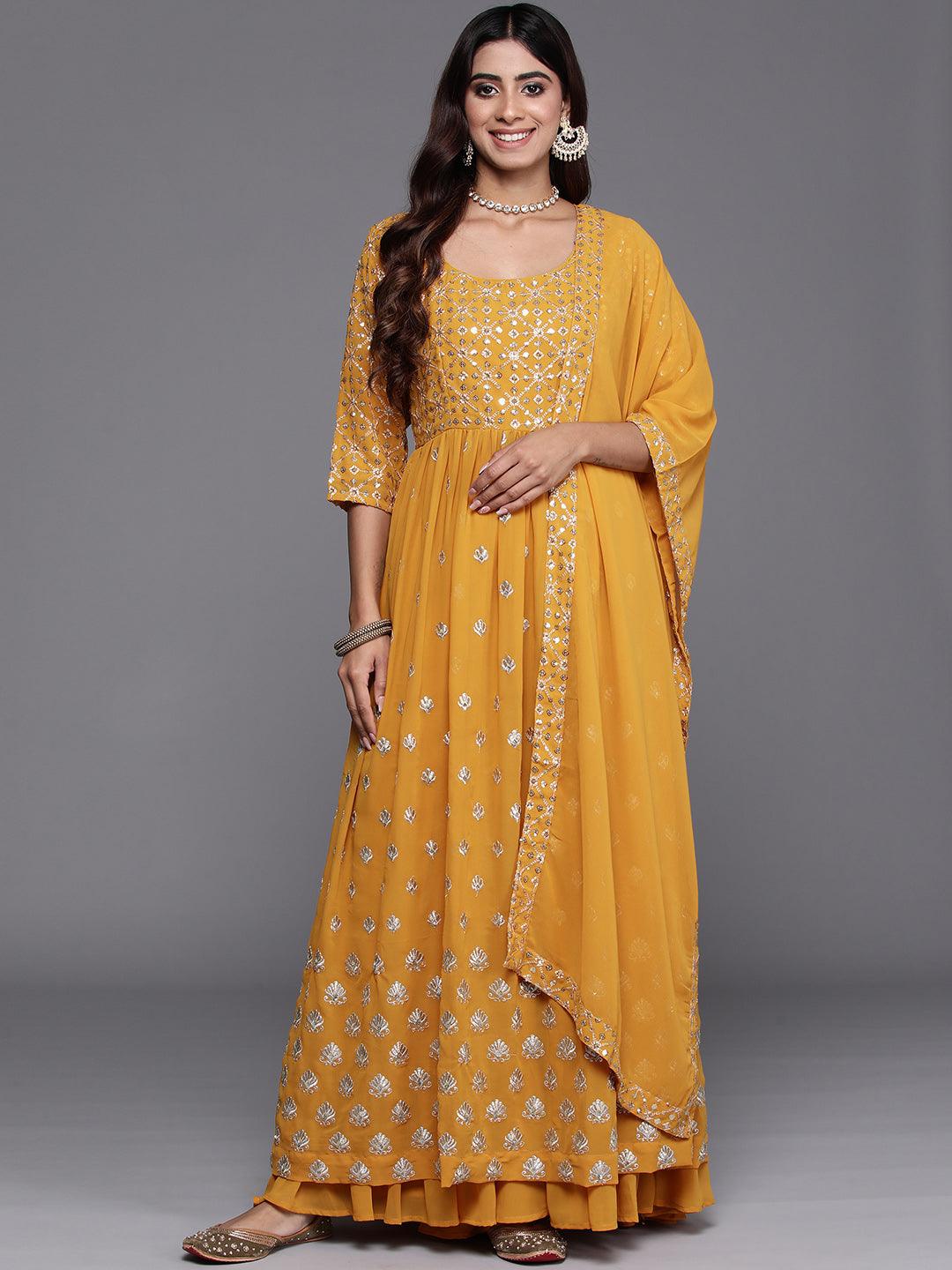 Mustard Embroidered Georgette A-Line Kurta With Palazzos & Dupatta - ShopLibas