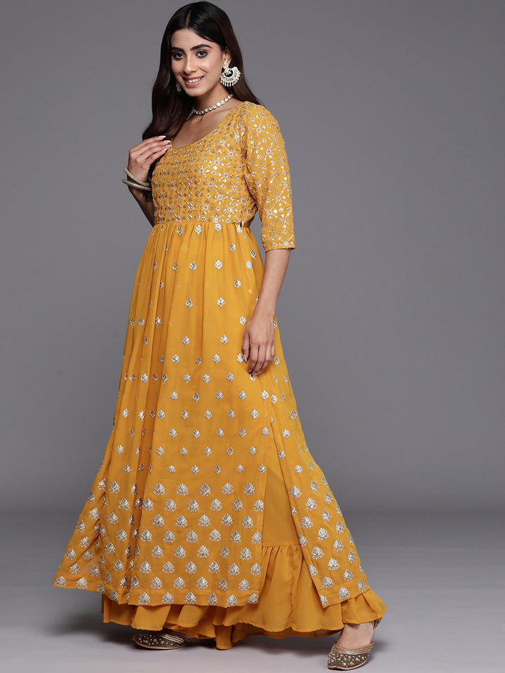 Mustard Embroidered Georgette A-Line Kurta With Palazzos & Dupatta - ShopLibas